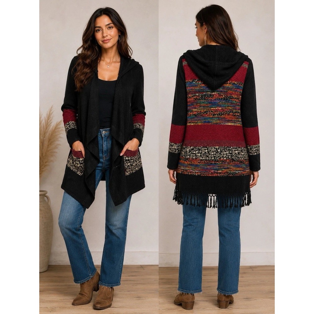 Miss Me Cardigan Womens Large Black Hooded Fringe Boho Fly-Away Festival Gypsy